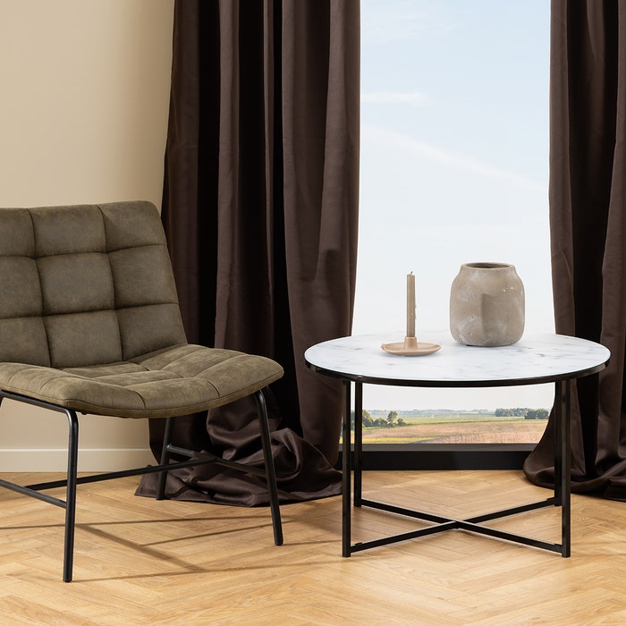 Owen salontafel marmerlook wit - Ø 80 cm - koffietafel - zwart - industriele - moderne - woonkamer