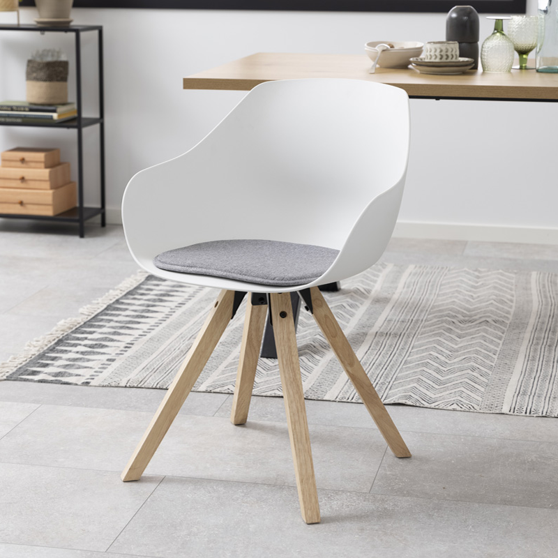 Rene kunststof eetkamerstoel wit - houten onderstel  - kuipstoel