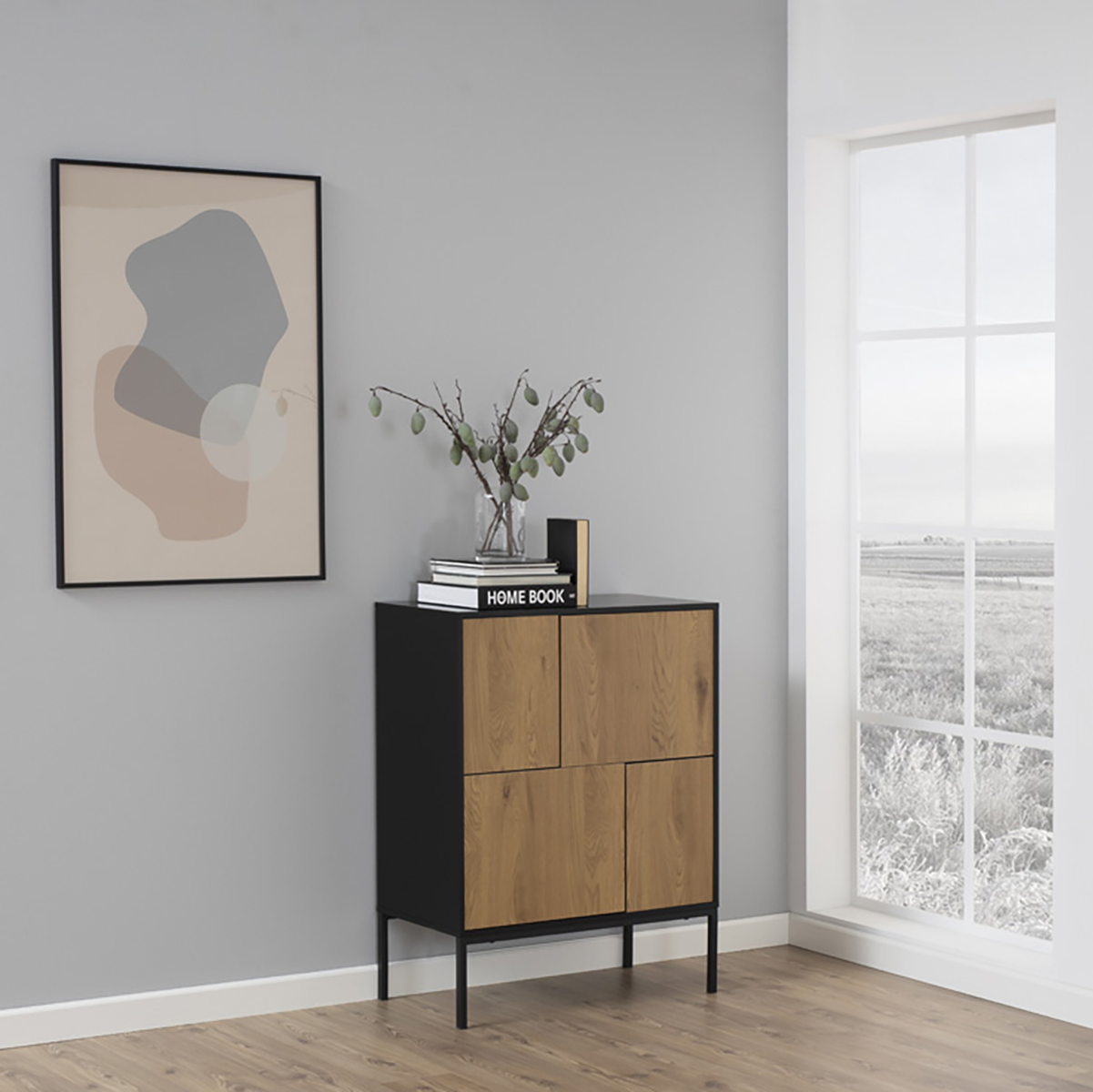 Vic houten opbergkast naturel - 80 x 103 cm - dressoir - opbergkast - zwart - industrieel - laag