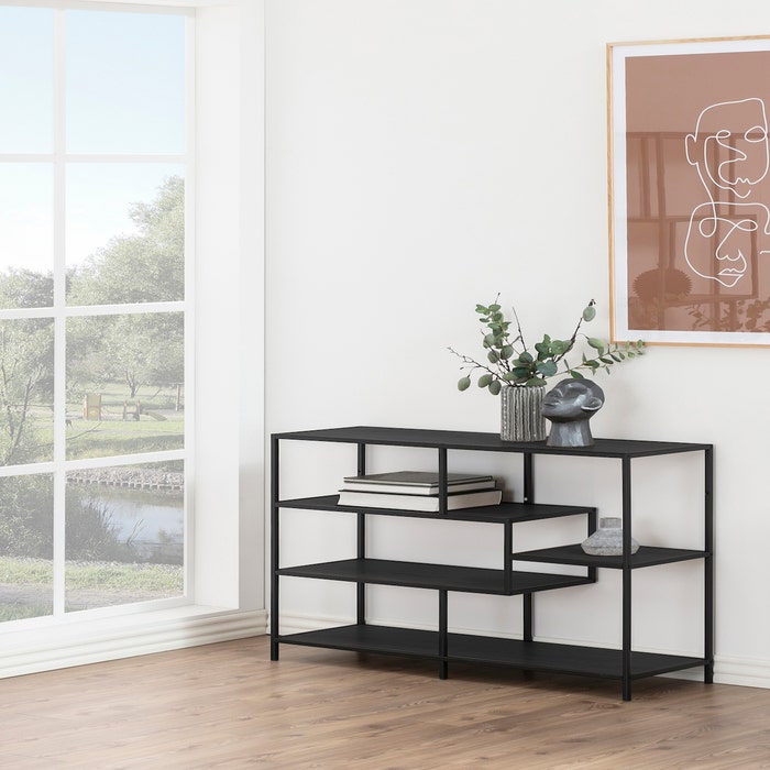 Vic houten open kast zwart - 114 x 78 cm - boekenkast - vakkenkast - wandkast -  industrieel - laag - metaal