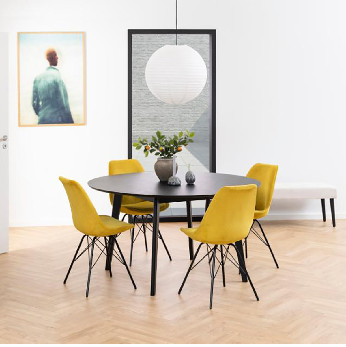 Pien ribstof eetkamerstoel geel - eettafelstoel - stof - modern - zwarte poten - kleurrijk