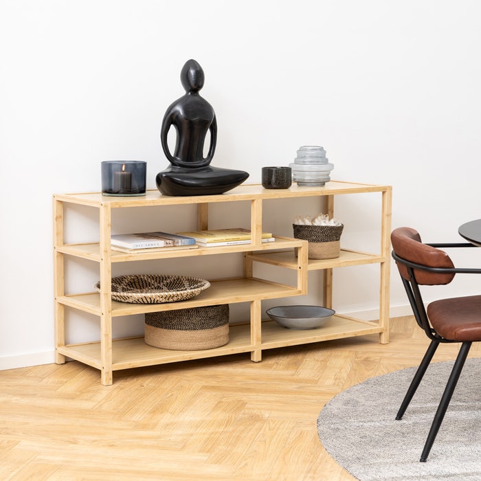 Moos bamboe boekenkast naturel - 114 x 79 cm - vakkenkast - wandkast - smal - laag - woonkamer - bruin - asymmetrisch
