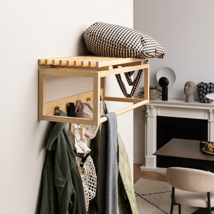 Jort bamboe wandkapstok naturel - 80 x 30 cm - kapstok - met plank - met hoedenplank - 80 cm breed