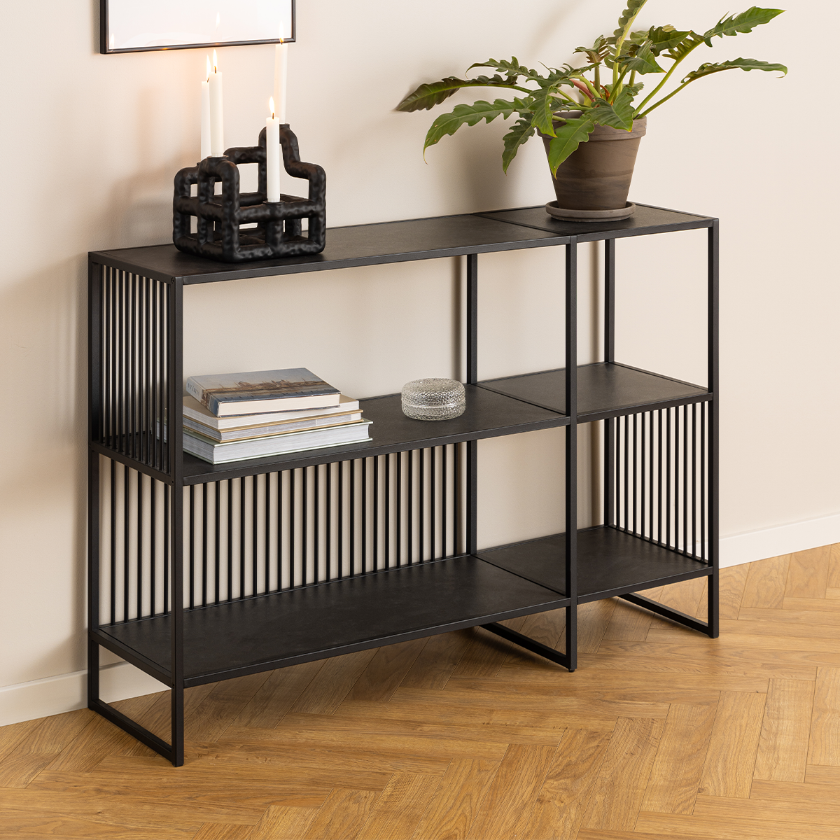 Danny metalen boekenkast zwart met marmerlook- 120 x 83 cm - Woonkamer - open kast - marmerlook - diep