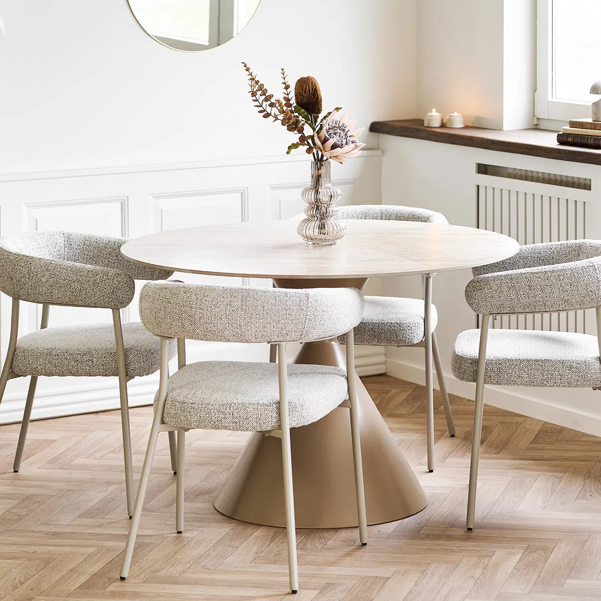 Anisa metalen eettafel met keramiek blad beige - Ø120 zand - staal