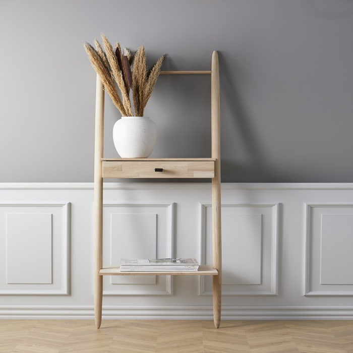 Ebern houten wandkast whitewash - 170 x 47 cm - wandrek - open kast - ladder - eikenhout