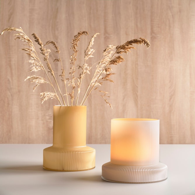 Hvils vaas beige - 19 x 34 cm - geribbeld - hoog - crème - bloemenvaas