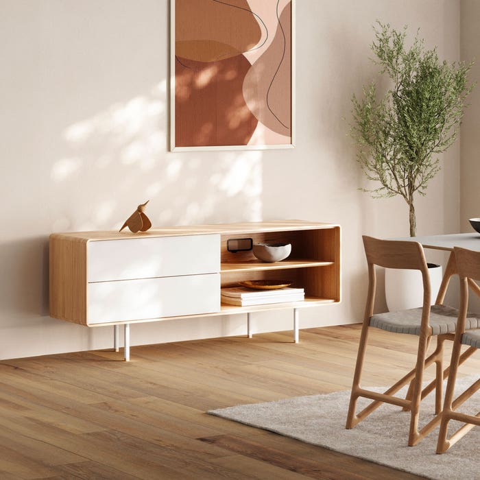 Fina sideboard houten dressoir linoleum mushroom whitewash - 150 x 45 cm - room witte - whitewash - opbergkast - design