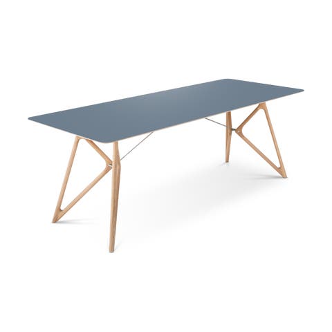 Tink table houten eettafel whitewash - met linoleum tafelblad smokey blue - 220 x 90 cm