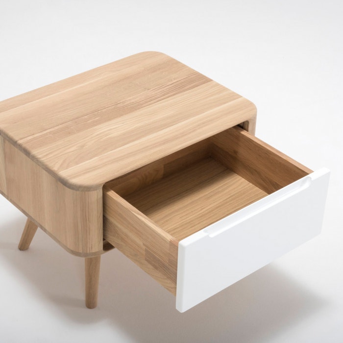 Ena nightstand 55 houten nachtkastje whitewash - 1 lade - bijzettafel - met lade - eiken - design - modern - wit hout - tafeltje