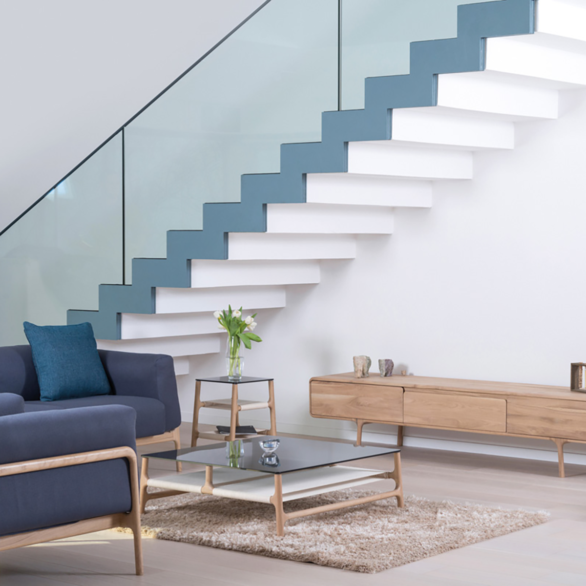 Fawn coffee table houten salontafel whitewash - met glazen tafelblad petrol - 90 x 90 cm - koffietafel - glas - eiken - design - vierkant - eikenhouten - licht eiken - moderne - scandinavisch - woonkamer