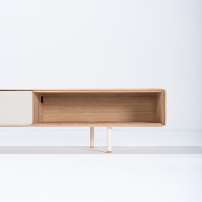 Fina lowboard houten tv meubel whitewash - met mushroom linoleum - 200 x 45 cm - tv meubel - kast - wit - eiken - laag - beige - lades - modern - scandinavisch - woonkamer - ronde hoeken