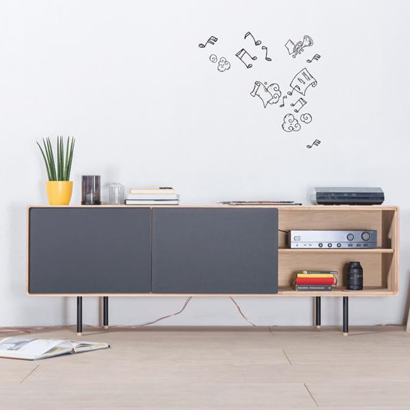 Fina sideboard houten dressoir linoleum nero whitewash - 180 x 45 cm - opbergkast - design - scandinavisch