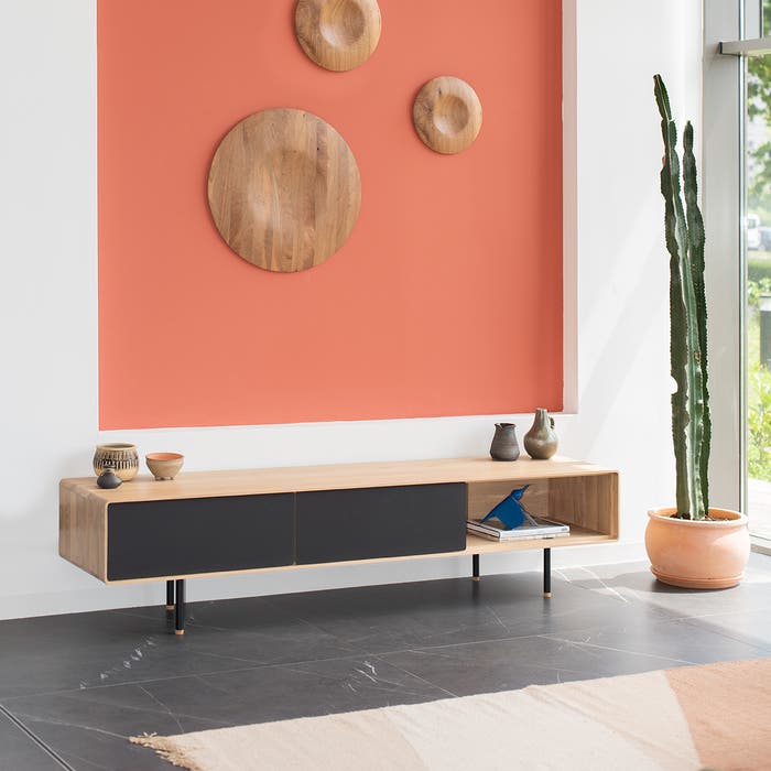 Fina lowboard houten tv meubel linoleum nero - 200 x 45 cm - zwarte - whitewash - televisie meubel - scandinavisch