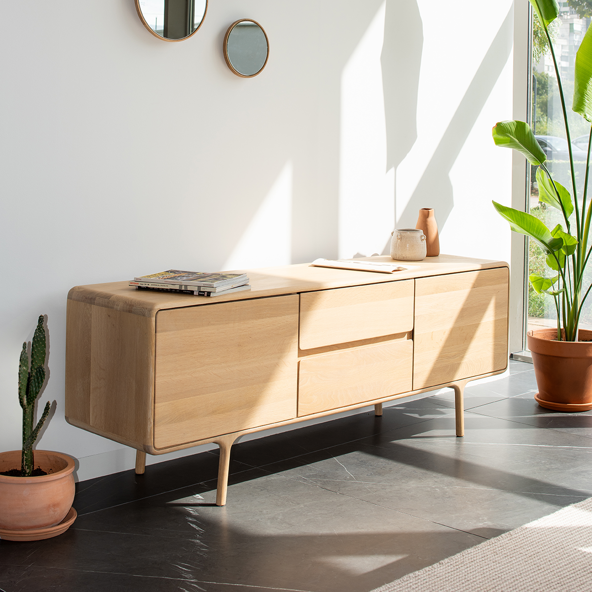 Fawn sideboard houten dressoir naturel - 180 x 45 cm - kast - eiken - retro - met lades - scandinavisch - woonkamer - modern - ondiep - ronde hoeken - kast met lades