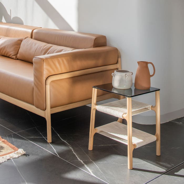 Fawn side table houten bijzettafel whitewash - met glazen tafelblad grey - 42 x 34 cm - bijzettafeltje - design - eiken - klein - nachtkastje - scandinavisch - slaapkamer - woonkamer