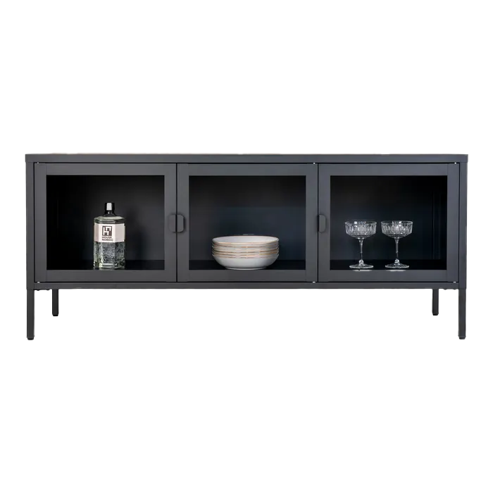 Ellis metalen tv meubel zwart - 130 x 40 cm - vitrinekast - opbergkast - glas