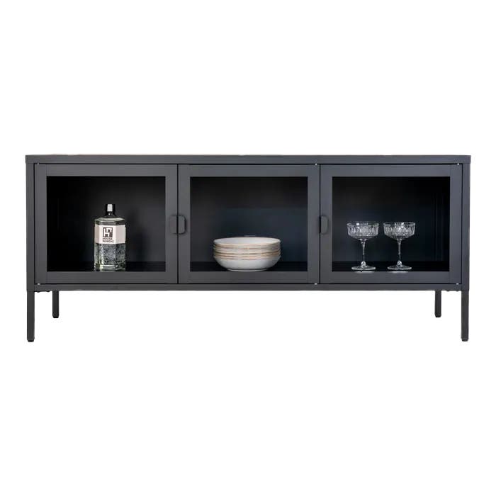Ellis metalen tv meubel zwart - 130 x 40 cm _ vitrinekast - opbergkast - glas