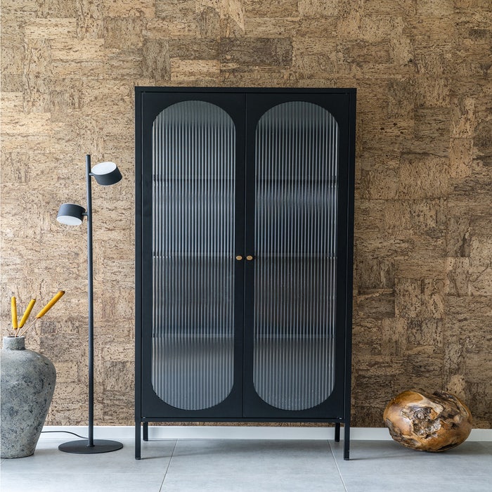Abbey metalen vitrinekast zwart - 80 x 180 cm - opbergkast - modern - geribd glas