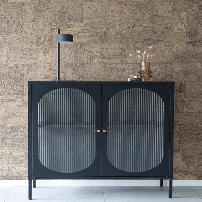 Abbey metalen vitrinekast zwart - 90 x 110 cm - opbergkast - klein - geribbeld glas