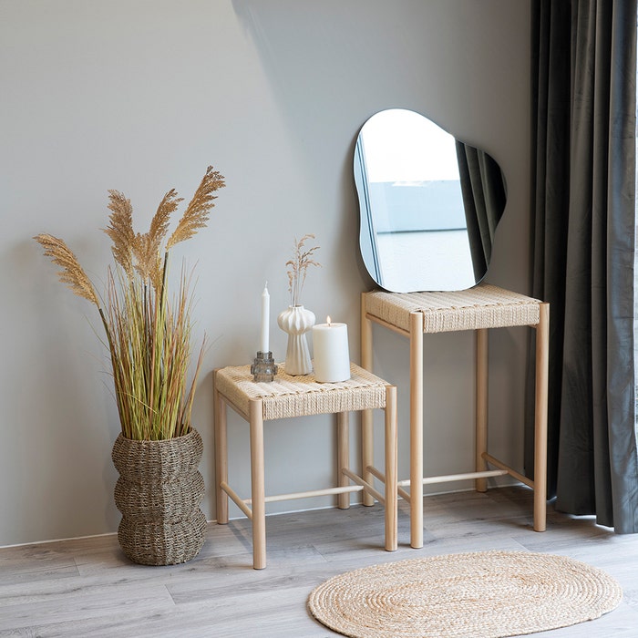 Loek houten krukje met geweven zitting - 46,5 cm - kaptafel - rieten - eettafel - beige - vierkant - om op te zitten
