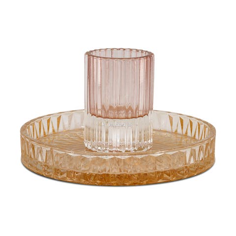 Pixie glazen kandelaar roze/amberbruin - Ø16 x 8,5 cm