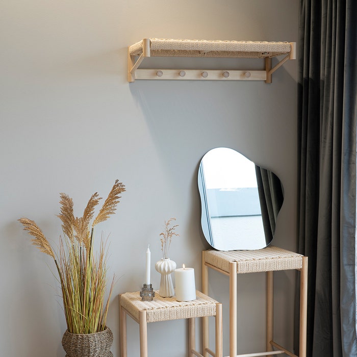 Loek houten kapstok met geweven plank - 78 x 31 cm - wand - hoedenplank - muur - vijf haken