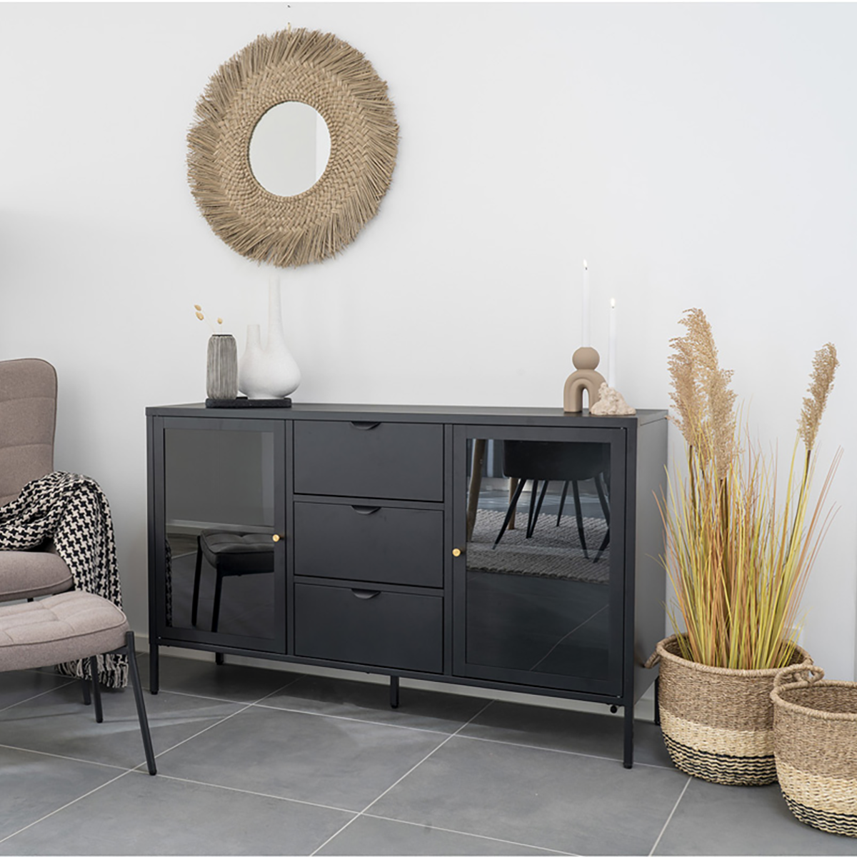 James metalen sideboard zwart - 140 x 40 cm - dressoir - kast - industrieel
