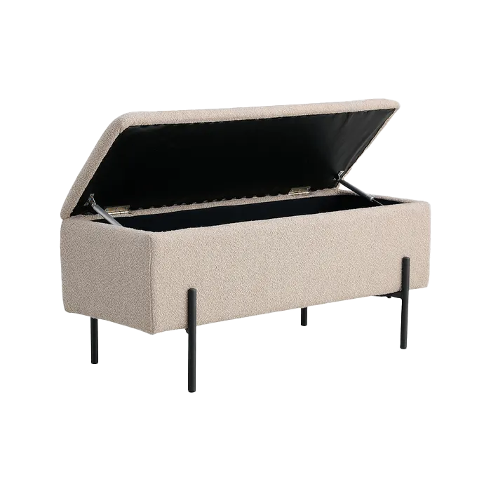 Marlou bouclé bankje met opbergruimte beige - 95 x 46 cm - eetkamerbank - bank eettafel - klein - creme - opberg