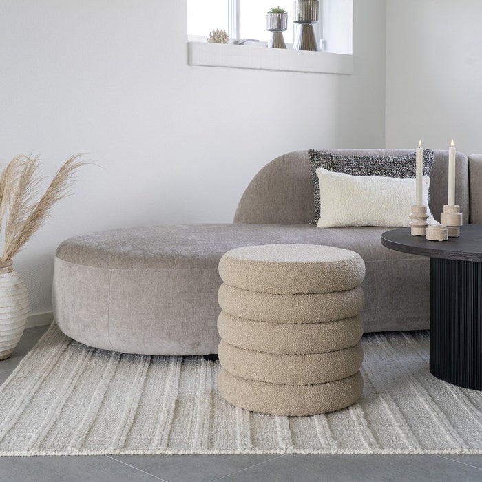 Willemijn poef bouclé beige - met opbergruimte - Ø 44 cm - hocker - opbergpoef - krukje - met deksel - woonkamer - zandkleur
