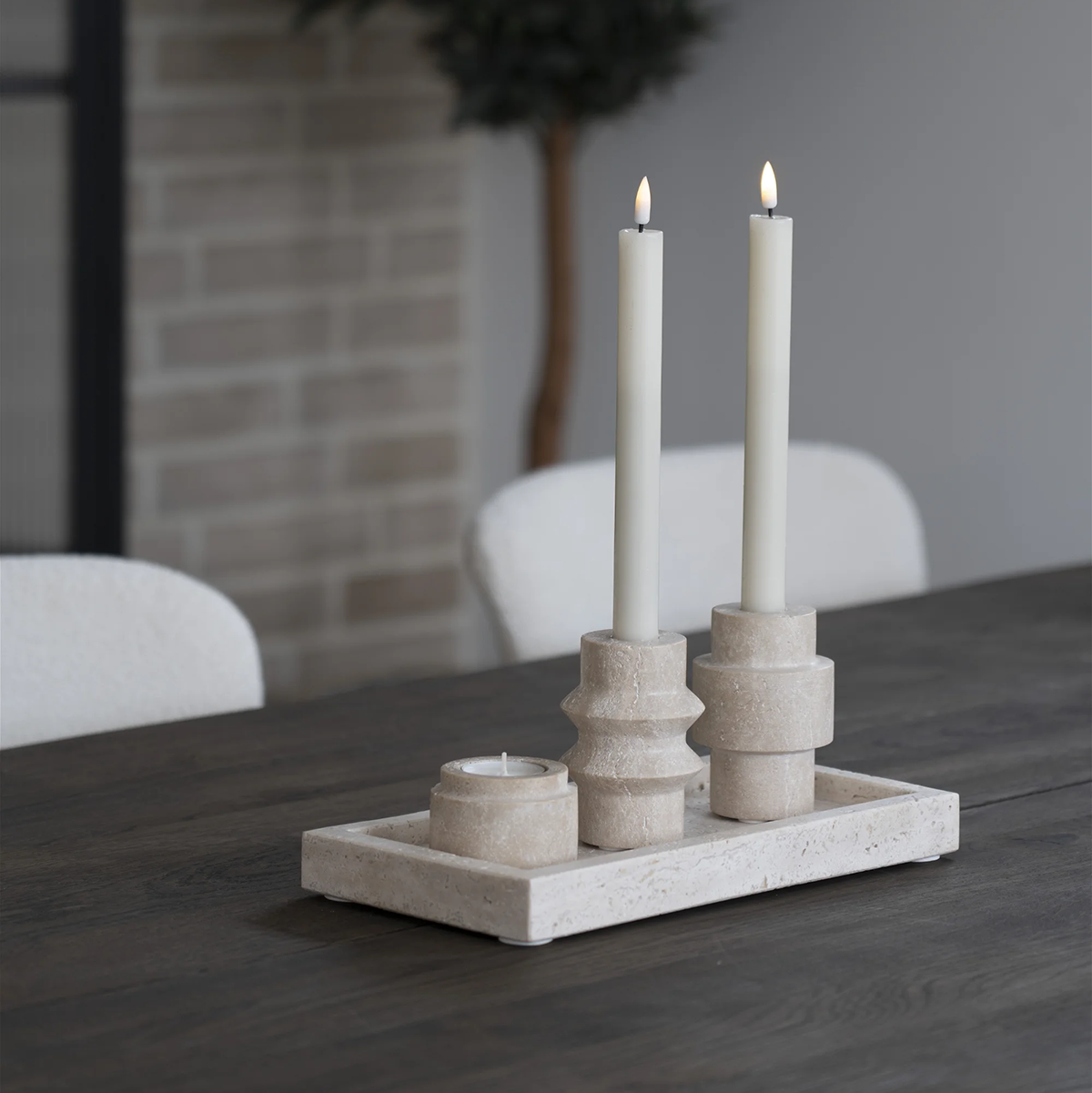 Joah travertijn kandelaar naturel - Ø7 x 10 cm - kaarsenhouder - kaarsenstandaard - beige - scandinavische - modern - steen