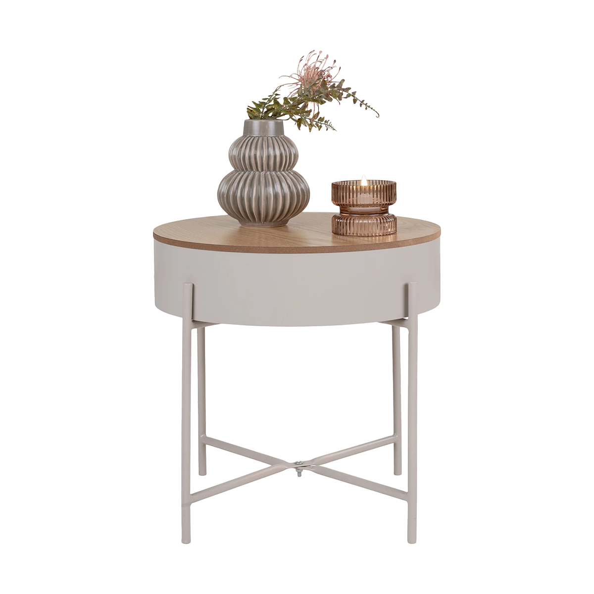 Sef metalen bijzettafel beige - met opbergruimte - Ø 40 cm - tafeltje - rond - hout - industrieel - voor bank - met opbergruimte