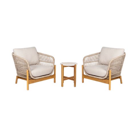 Teresa houten tuin loungeset beige 3delig - twee fauteuils en een bijzettafel - met zitkussens