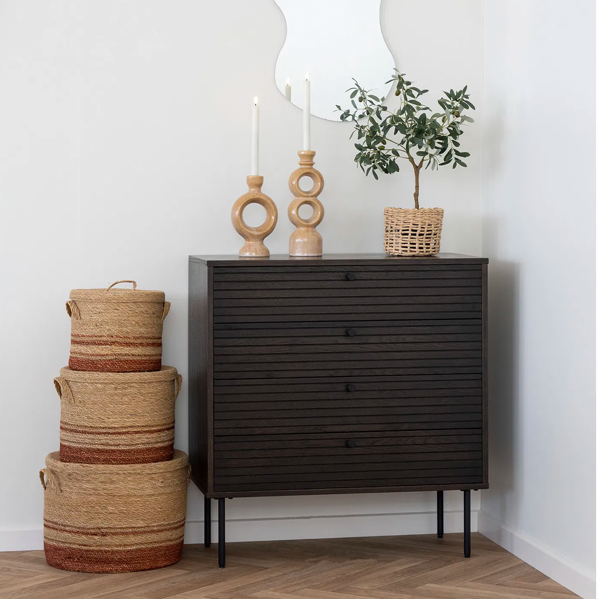 Sumi zeegras opbergmanden met deksel bruin - set van 3 - stapelbaar - badkamer mand - met deksel