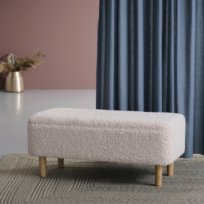 Sem teddy bankje met opbergruimte gebroken wit - 75 x 46 cm - bankje eettafel - hal bankje - klein - slaapkamer - eethoek - opberg - stof - schapenvacht