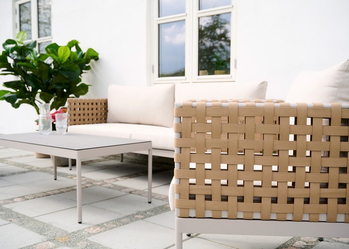 June 4 delige tuin loungeset beige - met zitkussens - aluminium - rattan - voor 5 personen - taupe - zand