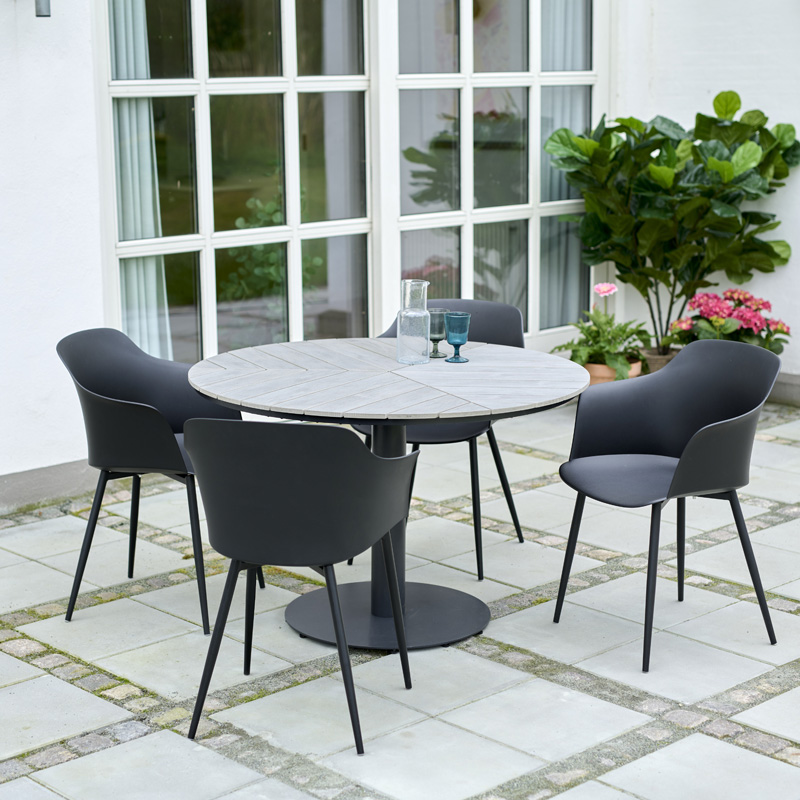 Timo ronde tuintafel grijs - Ø 113 cm - metaal - houtlook - voor buiten - met tafelvoet