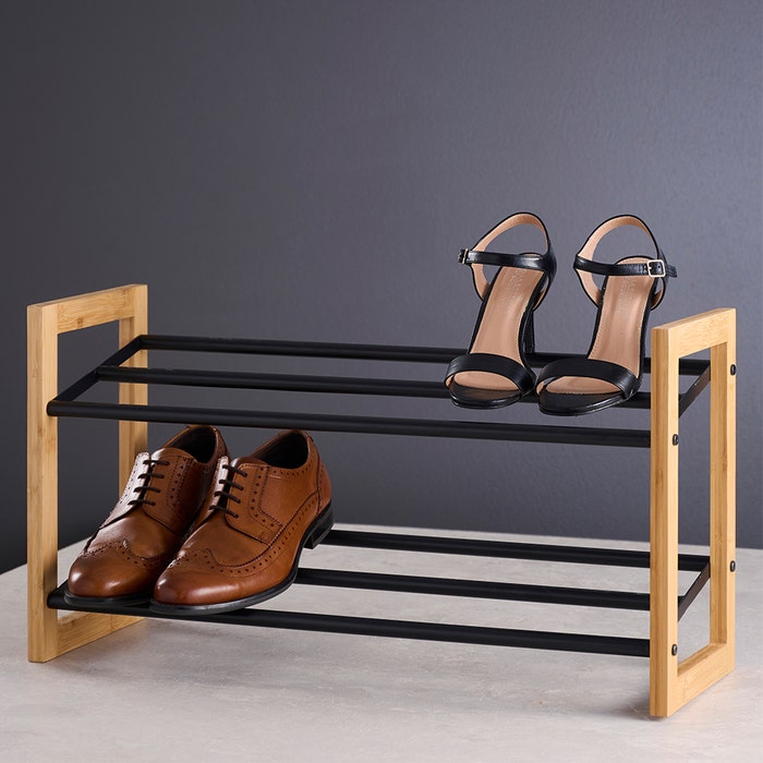 Sten houten schoenenrek bamboe - 65.5 x 23 cm - industrieel - metaal - bamboe - hal