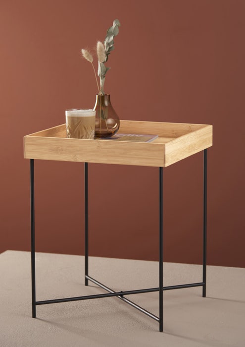 Moderne ronde salontafel van bamboe met 3 poten, een veelzijdige kleine bijzetta Moderne ronde salontafel van bamboe met 3 poten, een veelzijdige kleine bijzetta