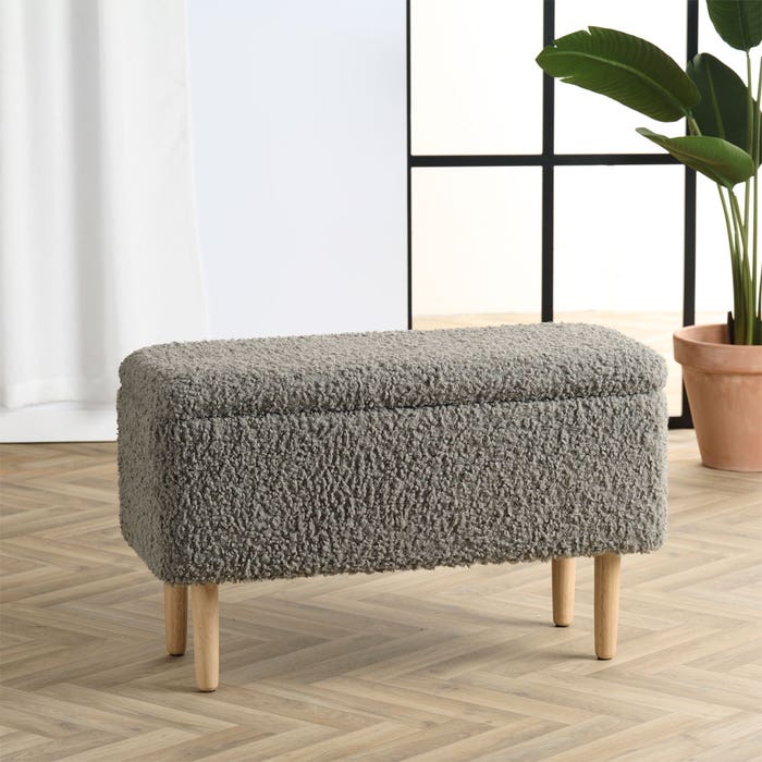 Sem teddy bankje met opbergruimte grijs - 75 x 46 cm - bankje eettafel - hal bankje - klein - slaapkamer - eethoek - opberg - stof - schapenvacht