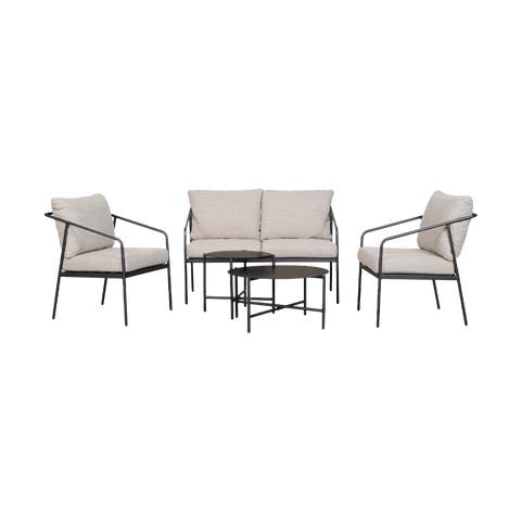 Nikki tuin loungeset zwart 5 delig - tweezitsbank, stoelen en salontafels - met grijze zitkussens