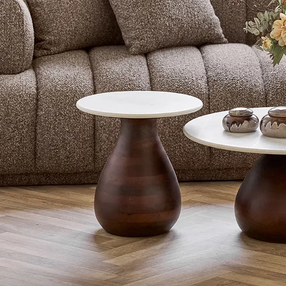Herre houten bijzettafel bruin met wit marmer blad - Ø40 mangohout - donkerbruin - salontafel