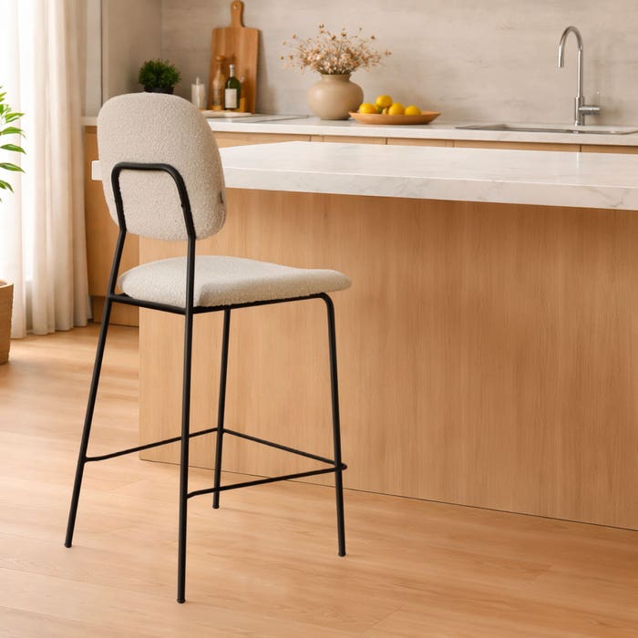 Jasmijn barkruk bouclé beige - zwart onderstel - 65 cm - Japandi - stof - creme - zithoogte 65 cm