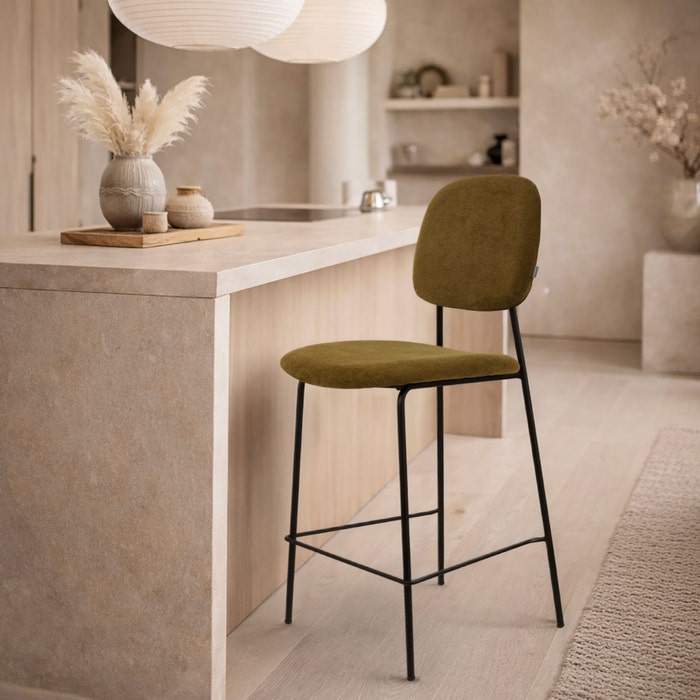 Jasmijn barkruk mosgroen - zwart onderstel - 65 cm barstoel - rugleuning - stof - zithoogte 65 cm