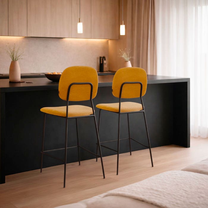 Jasmijn barkruk warm oker - zwart onderstel - 65 cm - barstoel - rugleuning - kookeiland - stof