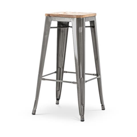 Metalen barkruk industrieel metaal - met houten zitting - 77 cm