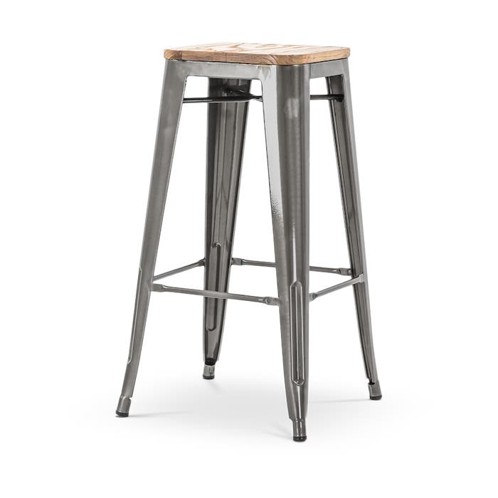 Metalen barkruk industrieel metaal - met houten zitting - 77 cm