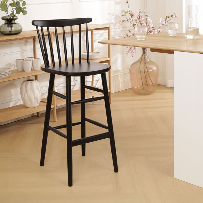 Lucia houten barkruk zwart gebeitst - 75 cm - spijlen - rugleuning - barstoel