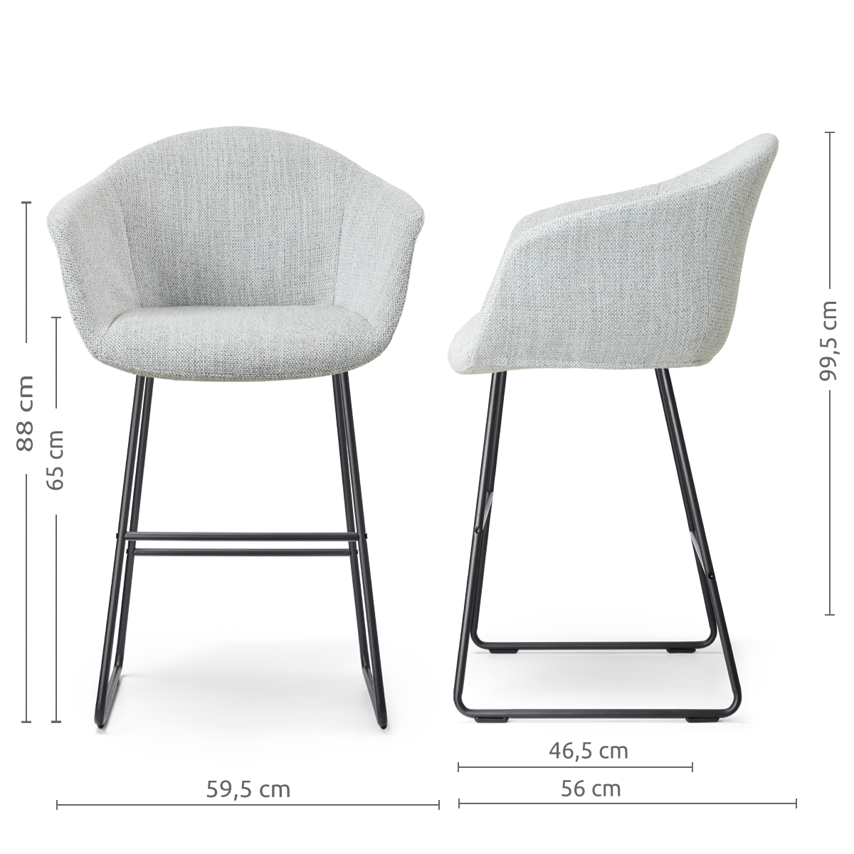 afmetingen van de Nino-Otis barkruk grijs melange - zwart onderstel - 65 cm