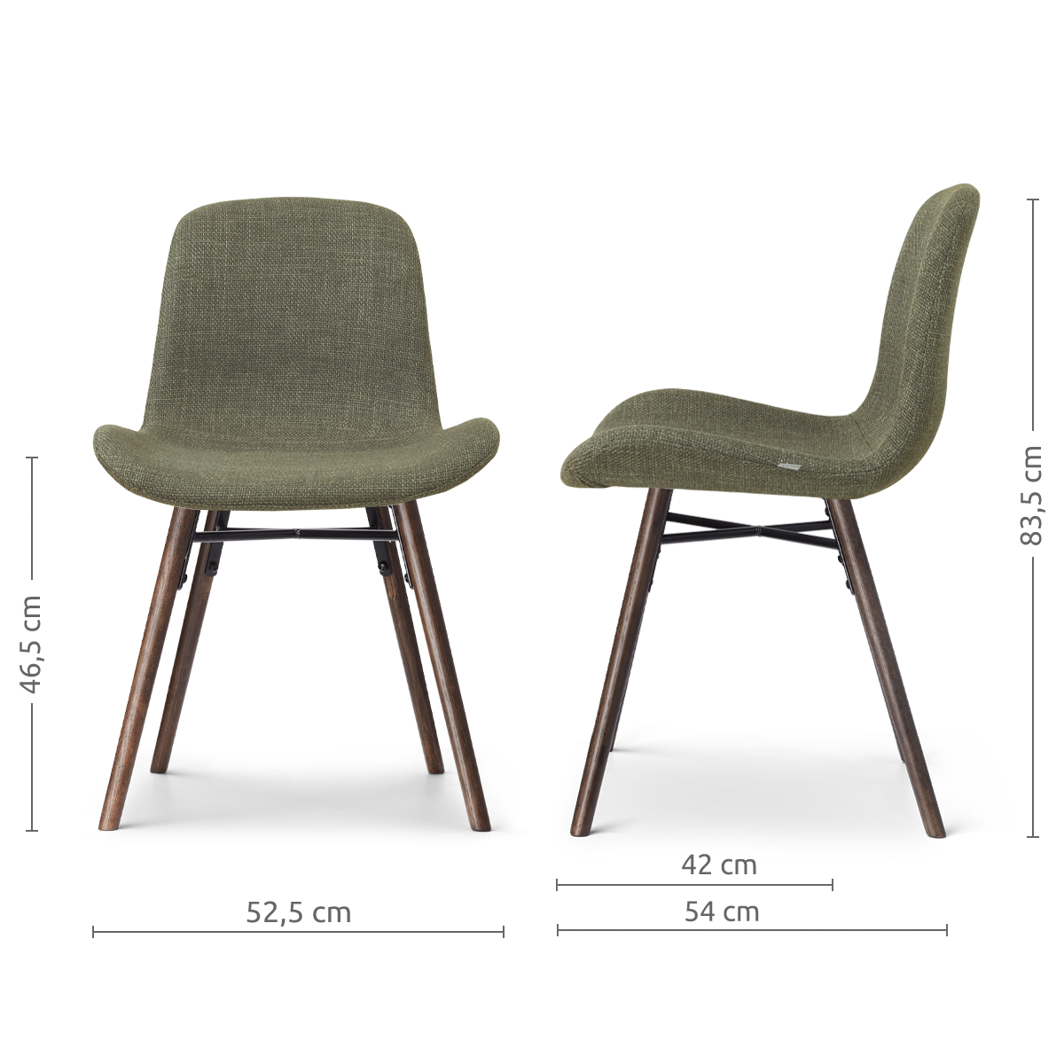 afmetingen van de Nena-Fé eetkamerstoel forestgroen- walnoot houten onderstel
